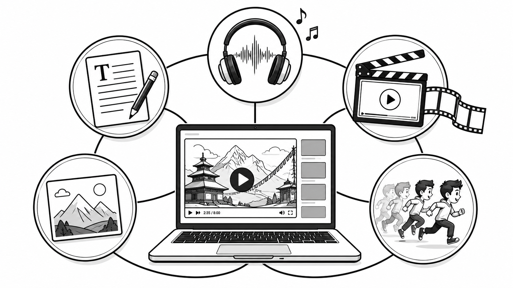 Examples of computer graphics: a logo, poster and game scene being created on a computer