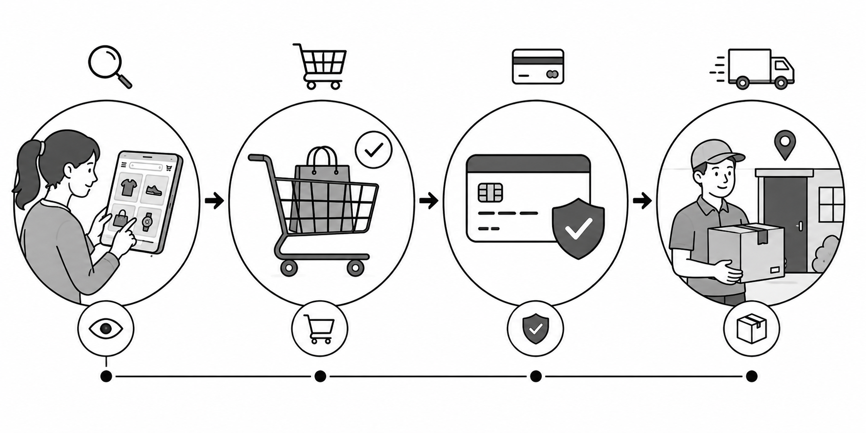 The e-commerce order flow: browse, add to cart, pay online, and get delivery.