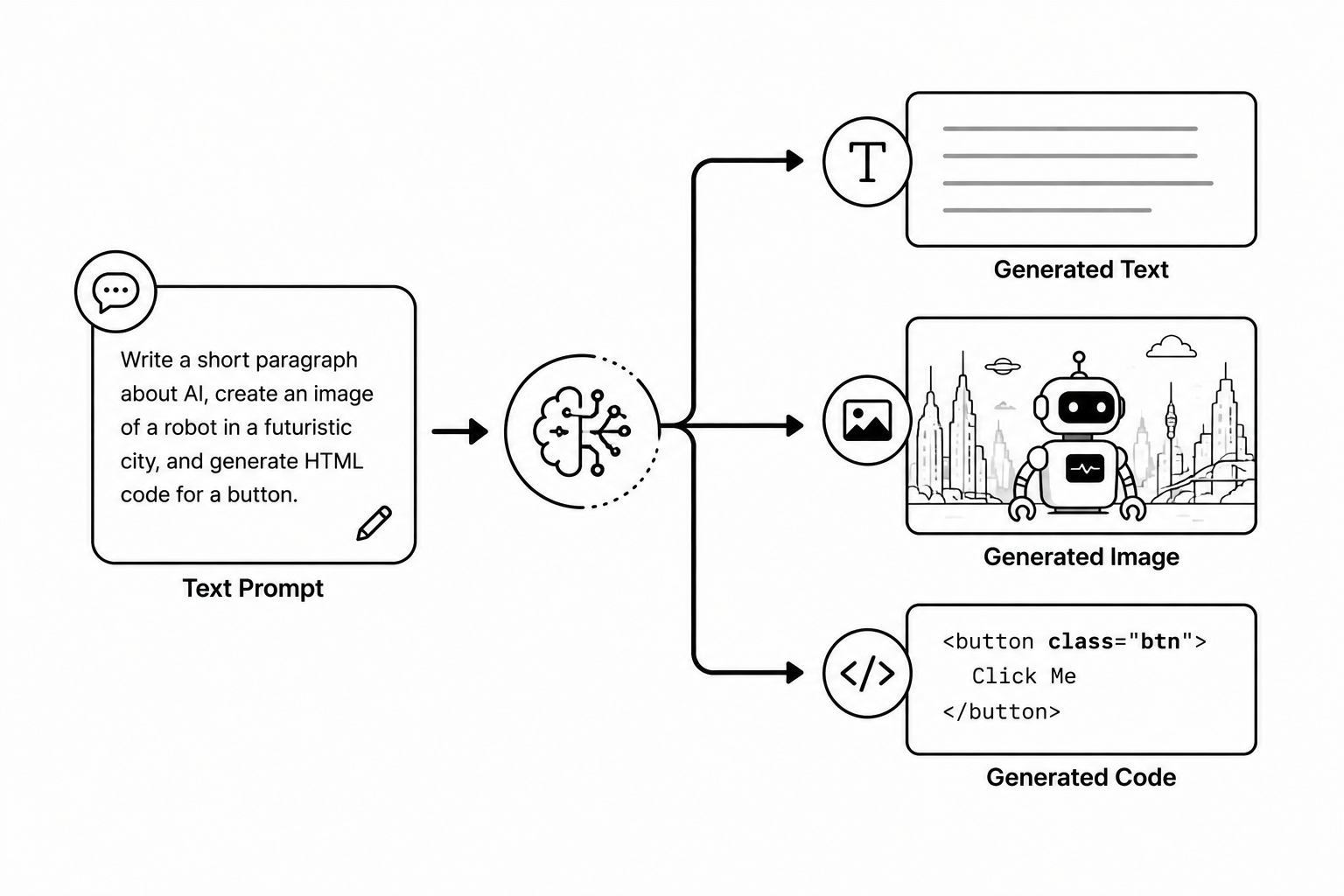 A text prompt going into an AI and producing text, an image and code.